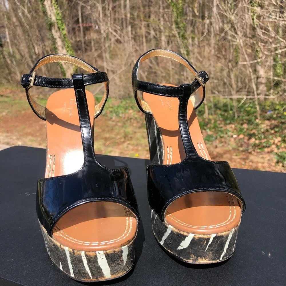 KATE SPADE New York Black Patent Leather Cork Wedge Platform Size 6.5‎ M (b10)